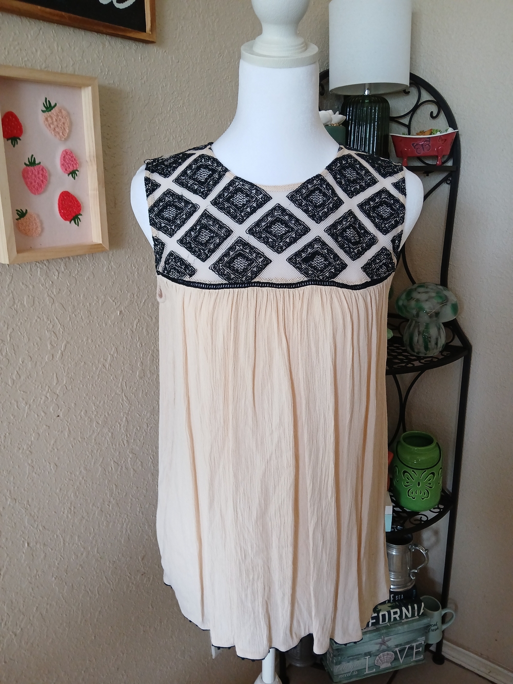 Zara Cream Tank Top with Black Embroidered Yoke